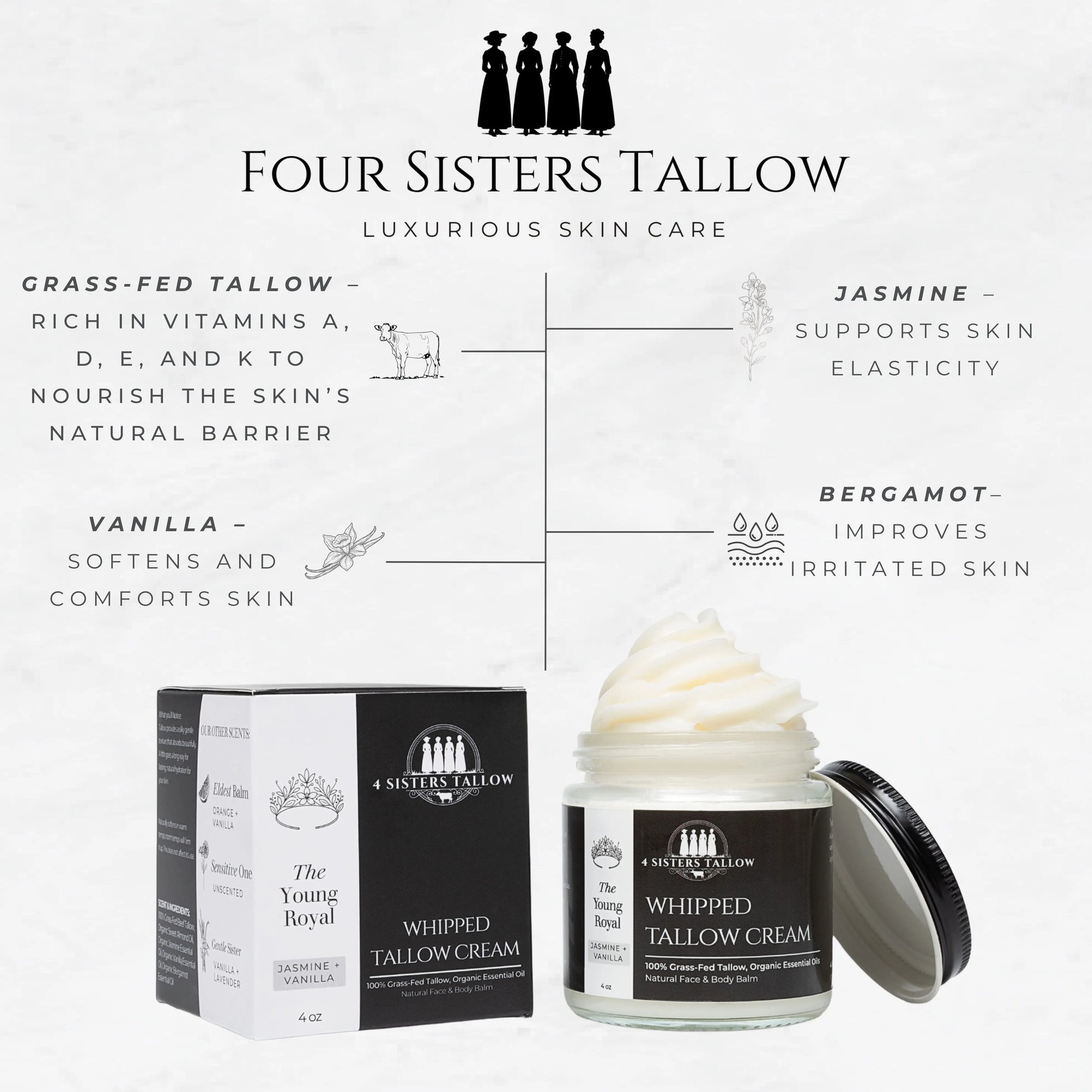 Scent: Jasmine & Vanilla Young Royal Whipped Tallow Balm for face and skin