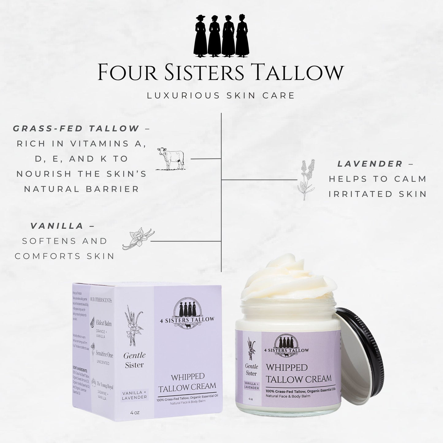 Scent: Lavender & Vanilla Gentle Sister Whipped Tallow Balm for face and skin